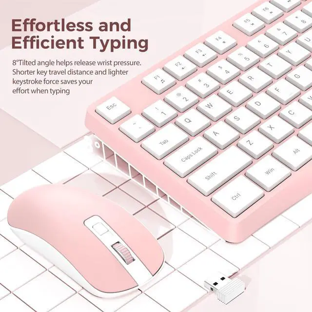 Alt view image 2 of 5 - Wireless Keyboard and Mouse Combo, Lovaky 2.4G Full-Sized Ergonomic Keyboard Mouse, 3 DPI Adjustable Cordless USB Keyboard and Mouse, Quiet Click for Computer/Laptop/Windows/Mac (1 Pack, Pink)
