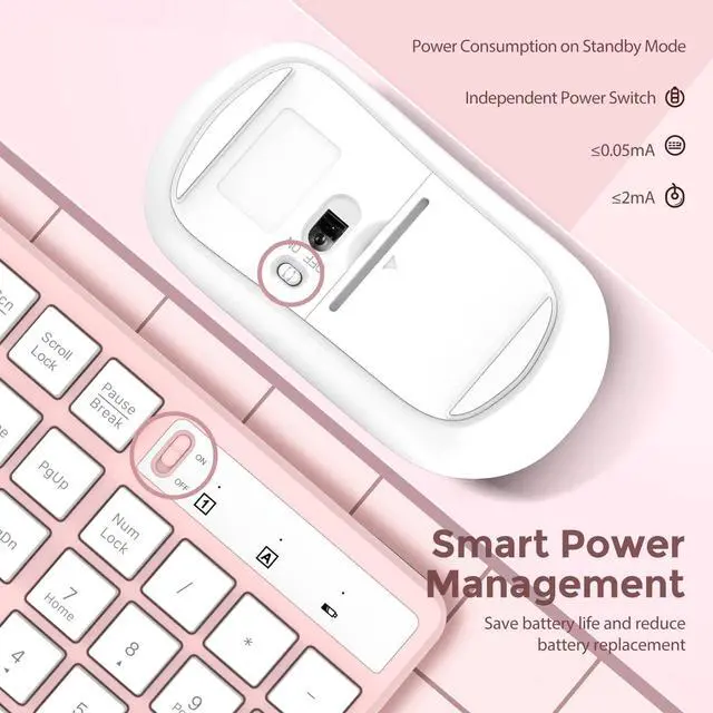 Alt view image 3 of 5 - Wireless Keyboard and Mouse Combo, Lovaky 2.4G Full-Sized Ergonomic Keyboard Mouse, 3 DPI Adjustable Cordless USB Keyboard and Mouse, Quiet Click for Computer/Laptop/Windows/Mac (1 Pack, Pink)