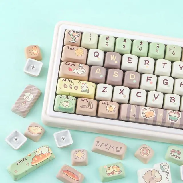 Alt view image 3 of 5 - Tsungup PBT Keycaps,Cute MOA Mouse Afternoon Tea Keycaps,130 Keys Gray&Green Custom Keycap Set Dye Sublimation Keyboard caps for Cherry Gateron MX Swithes Mechanical Keyboard