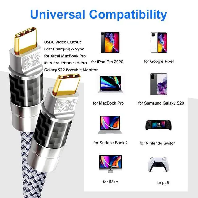 Alt view image 3 of 5 - USB C to C Cable 40FT,100W 4K60HZ Type C GEN2x2(Data usb2.0),USB C Video Output From USB3.2/ USB4.0 Fast Charging & Sync for Xreal MacBook Pro iPad Pro iPhone 15 Pro Galaxy S22 Portable Monitor