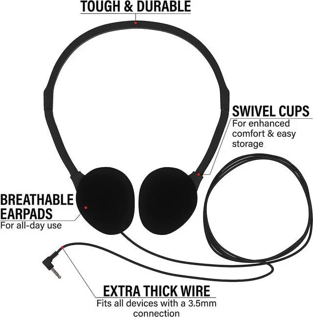 Alt view image 3 of 5 - Maeline Bulk Classroom Headphones 30 Pack On-Ear Wired School Headphones with Foam Ear Cushions, 3.5mm Student Headsets for Kids, Testing, Library, Chromebook, Tablet Black