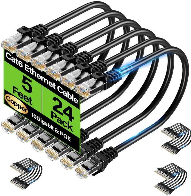 Main image of TuokaJu Cat6 Ethernet Cable 10Gbps 5 ft (24 Pack), UTP Ethernet Cable Cat 6, Flexible Bare Copper Cat6 Cable, Cat 6 Network Cable for Server, Data Center, White