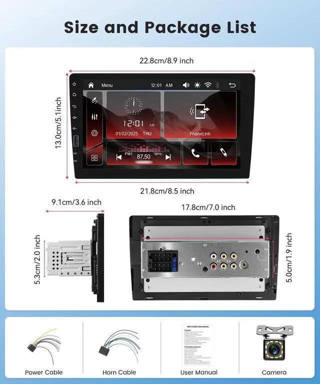 Alt view image 2 of 5 - Single DIN Wireless CarPlay & Android Auto IPS Touchscreen Stereo, Upriding 9-Inch Bluetooth AM/FM Radio with Backup Camera, Steering Wheel Control, EQ, USB