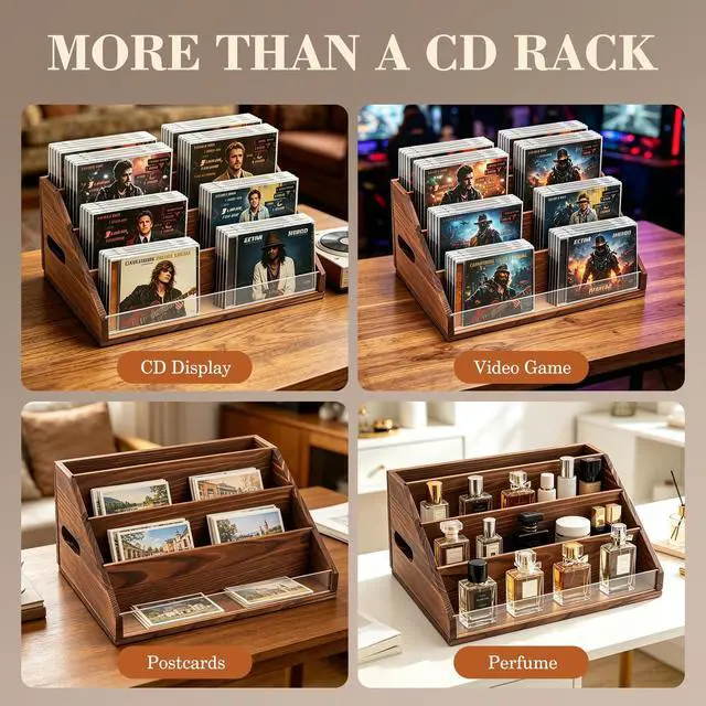 Alt view image 5 of 5 - Wanyshapy Rustic Wood CD Display StandOrganizer 32 CDs, 4-Tiered Tabletop CD Rack Storage Shelf Holds for CD Collection, Brown, Retro
