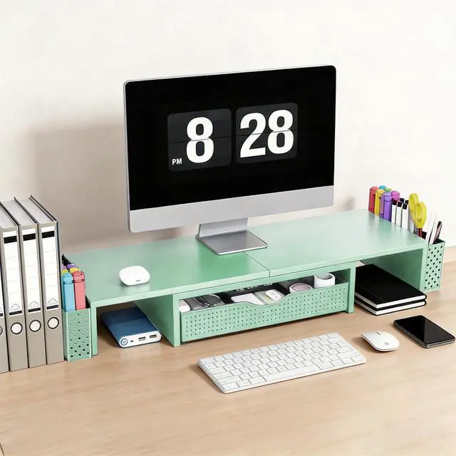 Alt view image 2 of 5 - Spacrea Metal Desk Organizers and Accessories, Dual Monitor Stand Riser with Drawer and 2 Pen Holders, Book Racks, Desk Accessories & Workspace Desktop Organizers for Office Supplies (Sage Green)