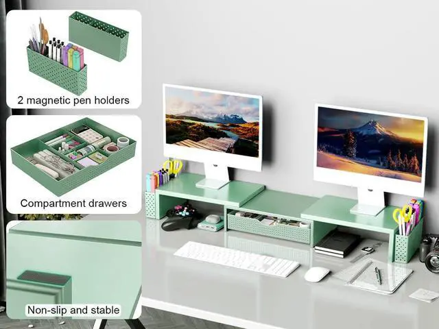 Alt view image 4 of 5 - Spacrea Metal Desk Organizers and Accessories, Dual Monitor Stand Riser with Drawer and 2 Pen Holders, Book Racks, Desk Accessories & Workspace Desktop Organizers for Office Supplies (Sage Green)