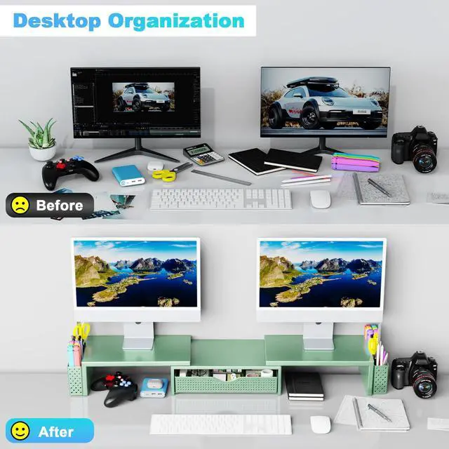 Alt view image 3 of 5 - Spacrea Metal Desk Organizers and Accessories, Dual Monitor Stand Riser with Drawer and 2 Pen Holders, Book Racks, Desk Accessories & Workspace Desktop Organizers for Office Supplies (Sage Green)