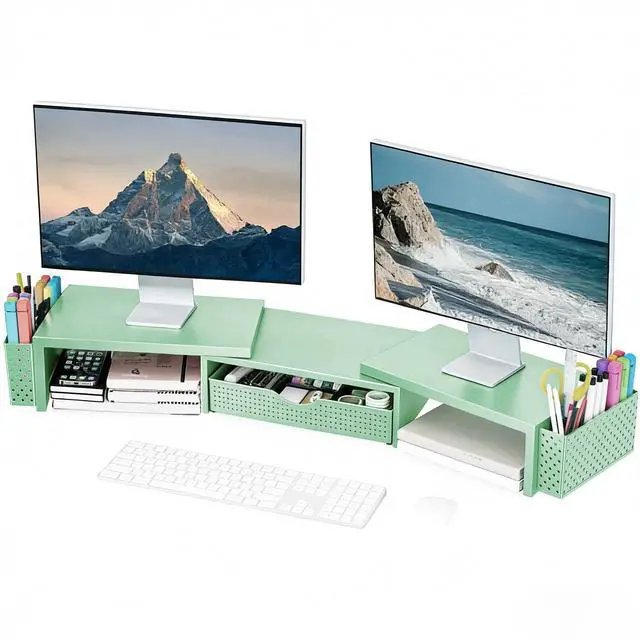 Main image of Spacrea Metal Desk Organizers and Accessories, Dual Monitor Stand Riser with Drawer and 2 Pen Holders, Book Racks, Desk Accessories & Workspace Desktop Organizers for Office Supplies (Sage Green)
