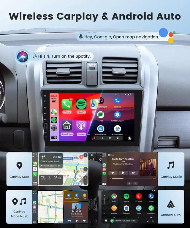 Alt view image 4 of 5 - Single DIN Wireless CarPlay & Android Auto IPS Touchscreen Stereo, Upriding 9-Inch Bluetooth AM/FM Radio with Backup Camera, Steering Wheel Control, EQ, USB
