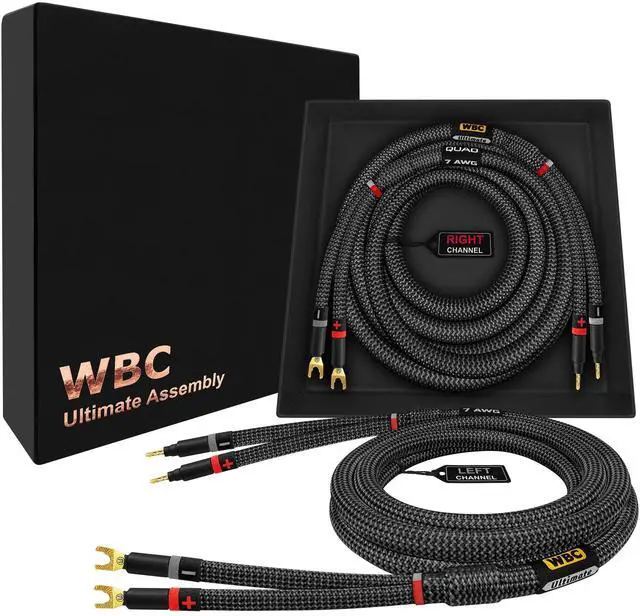 Main image of WORLDS BEST CABLES 10 Foot Ultimate - 7 AWG - Ultra-Pure OFC Extra Premium Audiophile HiFi Speaker Cable Pair with Eminence Gold Banana (x2) & Spade (x2) Plugs & Carbon Tweed Jacket