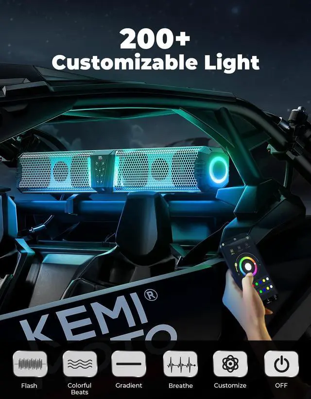 Alt view image 4 of 5 - KEMIMOTO 2025 Midnight S80 32-inch UTV Sound Bar App Control, IP65 Weatherproof Golf Cart Sound Bar, ATV Bluetooth Soundbar Compatible with Polaris RZR Can-Am, Fits 1-2 inch Roll Bar