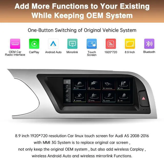 Alt view image 3 of 5 - 8.9 Inch Carplay Wireless Screen for Audi A5 2009-2015 Year with 3GMMI Android Auto Display Support OEM Function,Siri,Airplay,Autolink
