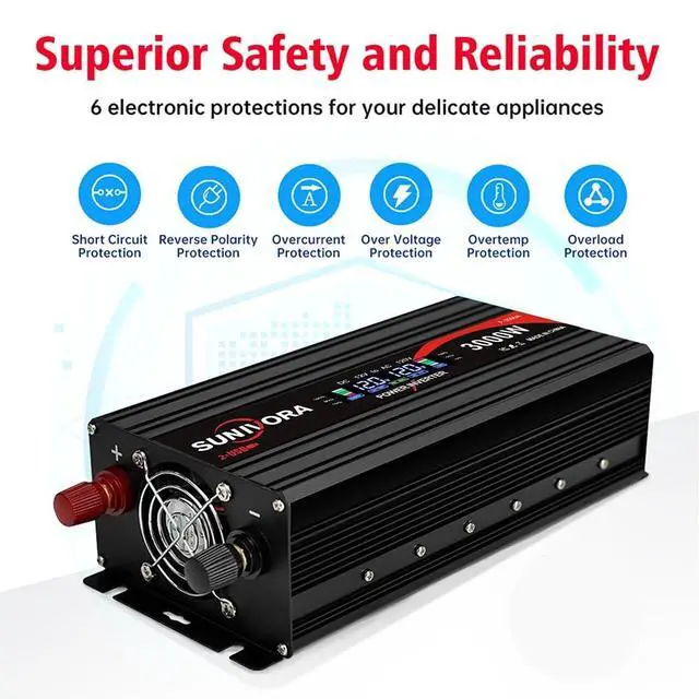 Alt view image 4 of 5 - 3000 Watt Power Inverter 12V DC to 110V/120V AC Converter 6000W Peak with LCD Display, 3 AC Outlets & 2 USB Ports Power Inverters for Vehicles Car Truck Boat RV Camping Solar System EPS