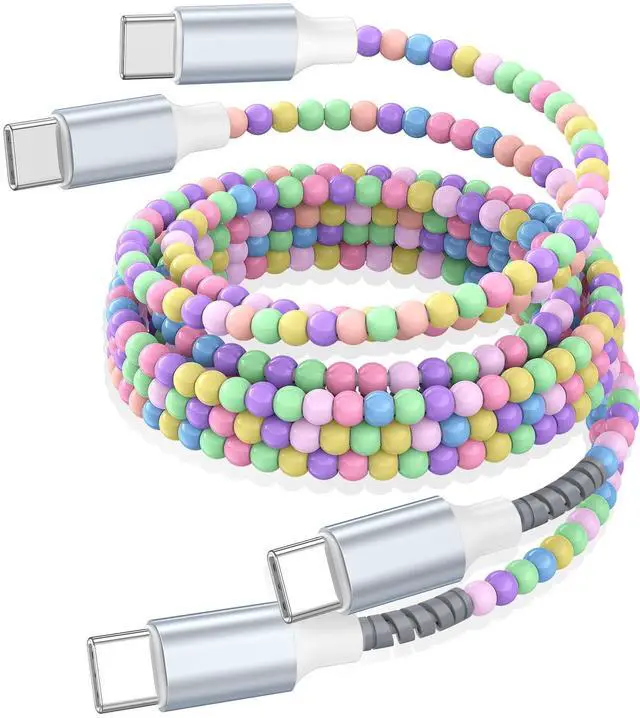 Main image of USB C to USB C Cable 6FT2Pack,60W Fast Charging Beaded Charger Cord for iPhone 17 16 Pro Max/iPad Pro Air 11 10th for Samsung S25 S24 Ultra S23 FE A16 A17 Android Phone Charger Cable Cute Girls