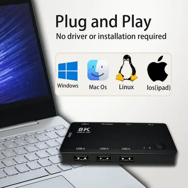 Alt view image 5 of 5 - 2 Port USB-C KVM Switch, 2 USB-C to 1 HDMI 8K@60Hz Screen,Thunderbolt 3/4 Compatible, 4 USB-A Port, for Dual PC, 2 Computers Share 1 HDMI Monitor & USB Peripherals, No HDMI Cable(HDMI Monitor)