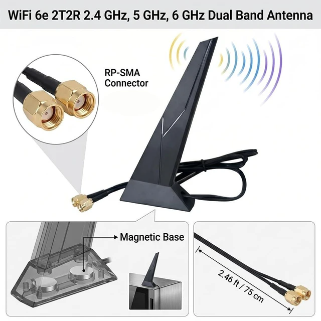 Alt view image 2 of 5 - for MSI B650/Z690/Z790 WiFi 6E Antenna RP-SMA Dual-Band Magnetic Base