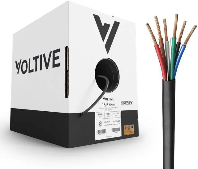 Main image of Voltive 18/6 Low Voltage Wire, Riser CL3R, Black, 500ft - 18AWG, 6 Conductors, Stranded Bare Copper, UL Listed - V-1277-2