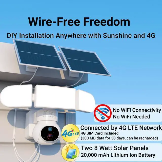 Alt view image 2 of 5 - ON WATCH 4G LTE (No Wi-Fi) 24/7 Recording Solar Floodlight Security Camera Outdoor Wireless, Motion-Activated Notification/Floodlight/Siren, Pan/Tilt, 2K Live View/Talk, Free 128GB Storage & SI