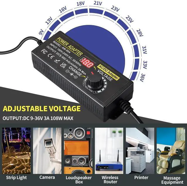 Alt view image 5 of 5 - 108W Universal Power Supply Adjustable 9V~36V DC Switching Adapter 100V-240V AC to DC Converter Transformer with LED Voltage Display,14 Tips & Polarity Converter,9V12V15V18V20V24V...36V Power Supply