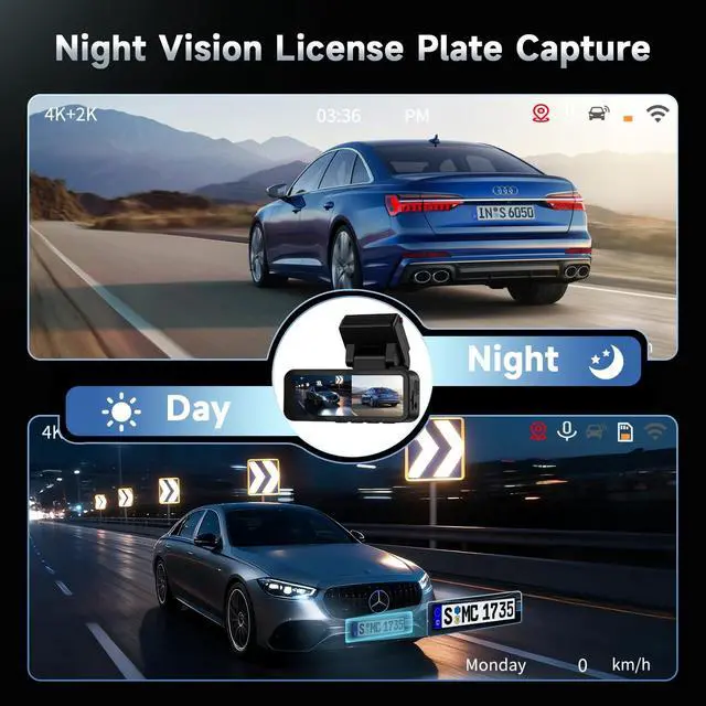 Alt view image 3 of 5 - 4K Dual Dash Cam Front and Rear with 5Ghz WiFi, GPS, ADAS & Blind Spot Detection, 3.16" IPS 4K-3840 * 2160P Car Dash Camera, APP Control, Night Vision, 24/7 Parking Mode, G-Sensor