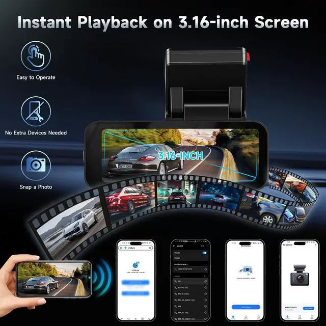 Alt view image 5 of 5 - 4K Dual Dash Cam Front and Rear with 5Ghz WiFi, GPS, ADAS & Blind Spot Detection, 3.16" IPS 4K-3840 * 2160P Car Dash Camera, APP Control, Night Vision, 24/7 Parking Mode, G-Sensor