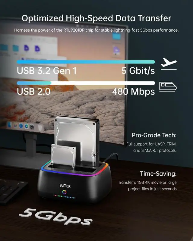 Alt view image 2 of 5 - SUITOK Dual Bay SATA Hard Drive Cloner Dock USB C 5Gbps ^^ 2.5" 3.5" ^^ 40TB