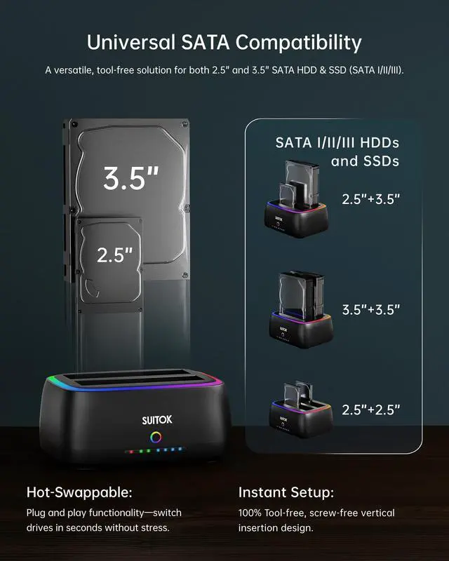 Alt view image 4 of 5 - SUITOK Dual Bay SATA Hard Drive Cloner Dock USB C 5Gbps ^^ 2.5" 3.5" ^^ 40TB
