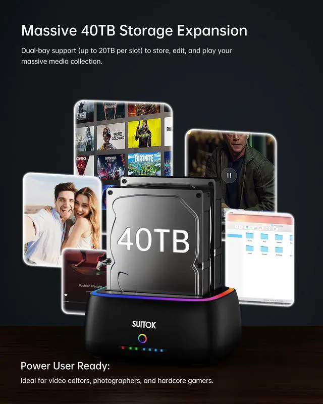 Alt view image 5 of 5 - SUITOK Dual Bay SATA Hard Drive Cloner Dock USB C 5Gbps ^^ 2.5" 3.5" ^^ 40TB