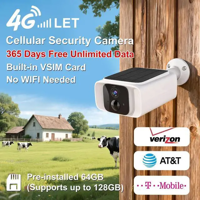 Alt view image 3 of 5 - 4G LTE Cellular Security Camera Outdoor Wireless, 365-Day Free Unlimited Data No WiFi Solar Powered Security Camera, 2K Color Night Vision, PIR Motion Detection, 2 Way Talk, Built-in SIM, 64GB