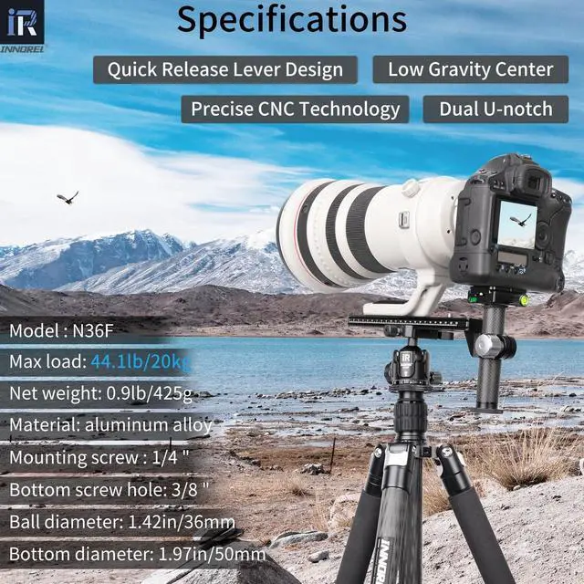 Alt view image 2 of 5 - INNOREL N36F Quick Locking Low Profile Tripod Ball Head, Fast Lever Release, Panoramic CNC Metal Camera Tripod Ballhead with 2 Plates for Tripod Monopod DSLR Camcorder, Max Load 44lb/20kg (Black)