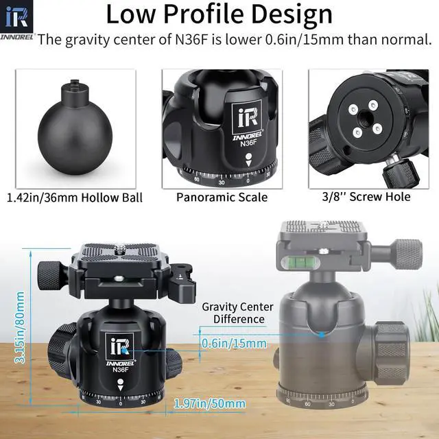 Alt view image 3 of 5 - INNOREL N36F Quick Locking Low Profile Tripod Ball Head, Fast Lever Release, Panoramic CNC Metal Camera Tripod Ballhead with 2 Plates for Tripod Monopod DSLR Camcorder, Max Load 44lb/20kg (Black)