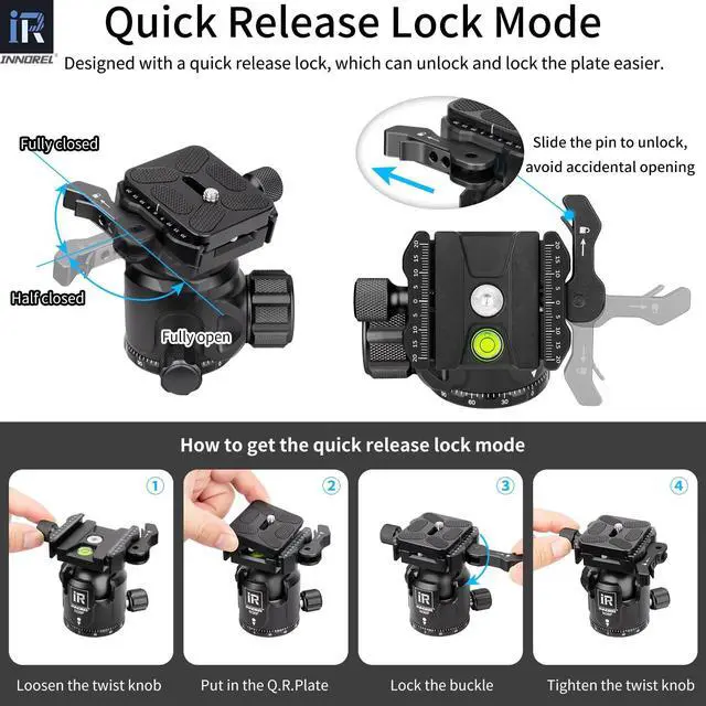 Alt view image 4 of 5 - INNOREL N36F Quick Locking Low Profile Tripod Ball Head, Fast Lever Release, Panoramic CNC Metal Camera Tripod Ballhead with 2 Plates for Tripod Monopod DSLR Camcorder, Max Load 44lb/20kg (Black)