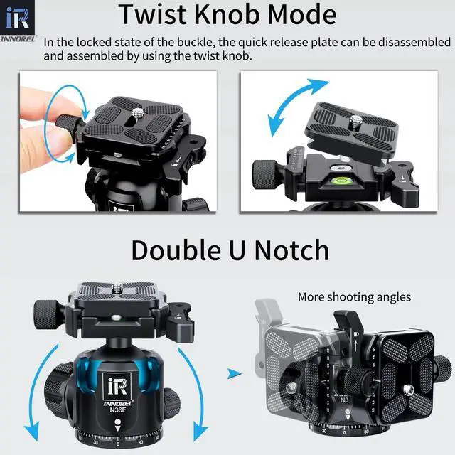 Alt view image 5 of 5 - INNOREL N36F Quick Locking Low Profile Tripod Ball Head, Fast Lever Release, Panoramic CNC Metal Camera Tripod Ballhead with 2 Plates for Tripod Monopod DSLR Camcorder, Max Load 44lb/20kg (Black)