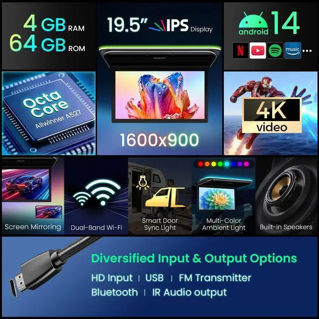 Alt view image 2 of 5 - XTRONS 19.5" Android 14 Car Overhead Player, 1600x900 IPS Screen Flip Down Roof Mount Monitor with Built-in Speaker, WiFi, Bluetooth, Supports HDMI USB Input, Screen Mirroring (Octa Core, 4+64GB)