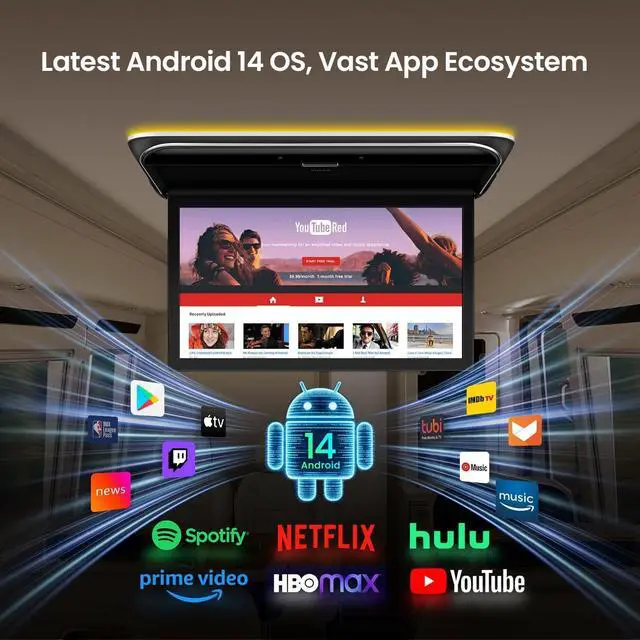 Alt view image 3 of 5 - XTRONS 19.5" Android 14 Car Overhead Player, 1600x900 IPS Screen Flip Down Roof Mount Monitor with Built-in Speaker, WiFi, Bluetooth, Supports HDMI USB Input, Screen Mirroring (Octa Core, 4+64GB)