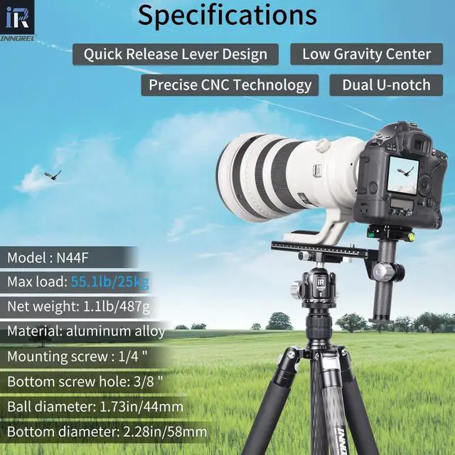 Alt view image 2 of 5 - INNOREL N44F Quick Locking Low Profile Tripod Ball Head, Fast Lever Release, Panoramic CNC Metal Camera Tripod Ballhead with 2 Plates for Tripod Monopod DSLR Camcorder, Max Load 55lb/25kg (Sliver)
