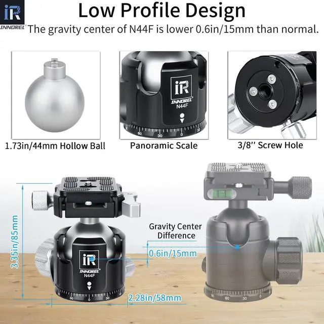 Alt view image 3 of 5 - INNOREL N44F Quick Locking Low Profile Tripod Ball Head, Fast Lever Release, Panoramic CNC Metal Camera Tripod Ballhead with 2 Plates for Tripod Monopod DSLR Camcorder, Max Load 55lb/25kg (Sliver)