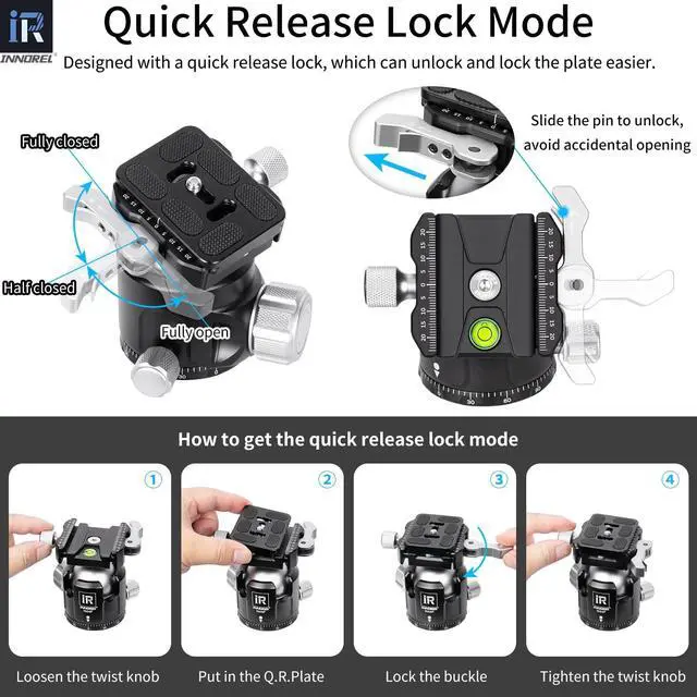 Alt view image 4 of 5 - INNOREL N44F Quick Locking Low Profile Tripod Ball Head, Fast Lever Release, Panoramic CNC Metal Camera Tripod Ballhead with 2 Plates for Tripod Monopod DSLR Camcorder, Max Load 55lb/25kg (Sliver)