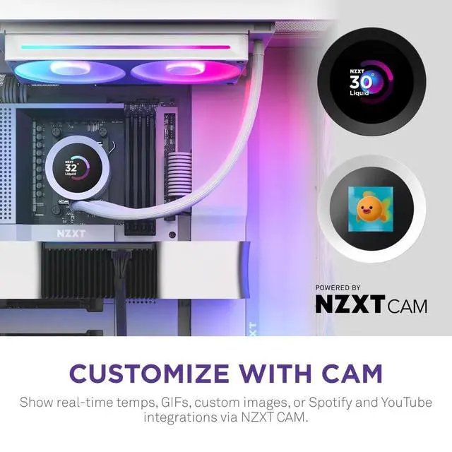 Alt view image 5 of 5 - NZXT Kraken Plus 240 RGB AIO CPU Liquid Cooler 240mm Radiator F240 RGB Core Single Frame Fan Customizable 1.54" Square LCD AMD AM5, AM4 Intel LGA 1851/1700, 1200/115X White