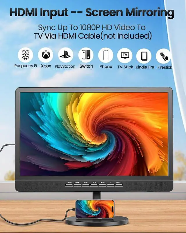 Alt view image 5 of 5 - Desobry 18.5" Portable TV with Antenna, 6500mAh Built-in Power Operated TV, 12 Volt Small TV Support HDMI/AV/USB/Headphone Jack InputPortable T V for Camping, RV, Patio, Kitchen, Indoor, Outdoor