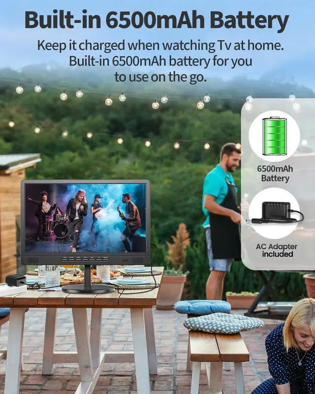 Alt view image 4 of 5 - Desobry 18.5" Portable TV with Antenna, 6500mAh Built-in Power Operated TV, 12 Volt Small TV Support HDMI/AV/USB/Headphone Jack InputPortable T V for Camping, RV, Patio, Kitchen, Indoor, Outdoor