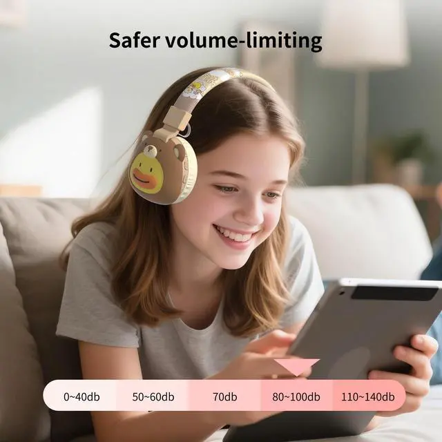 Alt view image 2 of 5 - Icarer Kids Bluetooth Headphones with 85dB Volume Limiter, Bluetooth 5.4 & 20H Playtime, Ultra-Soft Foldable Over-Ear Headset with Mic, FM/TF/Wired Mode, Cute Animal Design for School Travel (Brown)