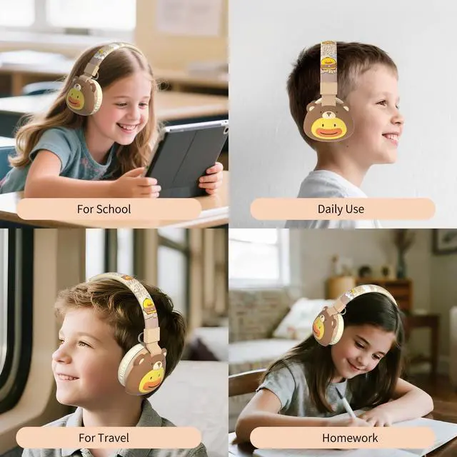 Alt view image 4 of 5 - Icarer Kids Bluetooth Headphones with 85dB Volume Limiter, Bluetooth 5.4 & 20H Playtime, Ultra-Soft Foldable Over-Ear Headset with Mic, FM/TF/Wired Mode, Cute Animal Design for School Travel (Brown)