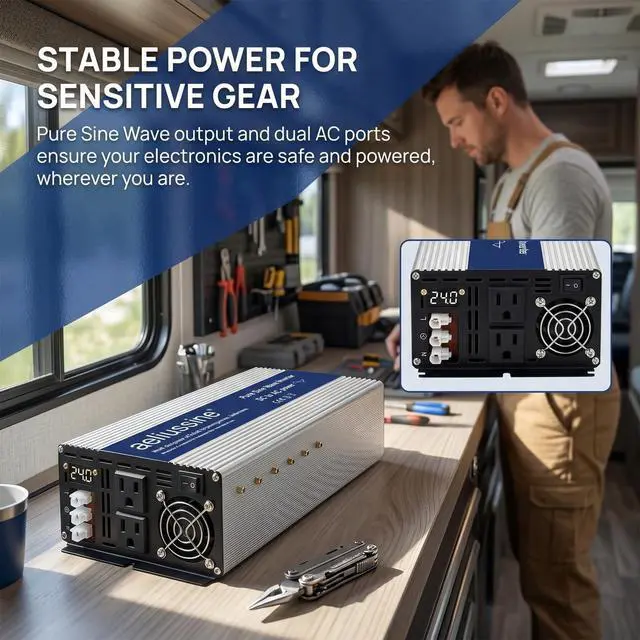 Alt view image 4 of 5 - Aeliussine 4000W Pure Sine Wave Inverter-48V DC to 110V 120V AC Power Converter with 2 AC Outlets, 48 Volt Power Inverter for Truck, Rv, Camping, Home, Emergency Power