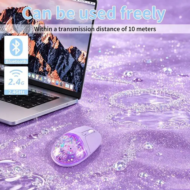 Alt view image 2 of 5 - Wireless Bluetooth Mouse-2.4G USB Dual Mode Cute Clear Aqua Glitter Liquid Sand Water Mice, 4000D-PI Portable Retro Cordless Silent Rechargeable LED Breathing Light for Laptop PC iPad Mac Gift
