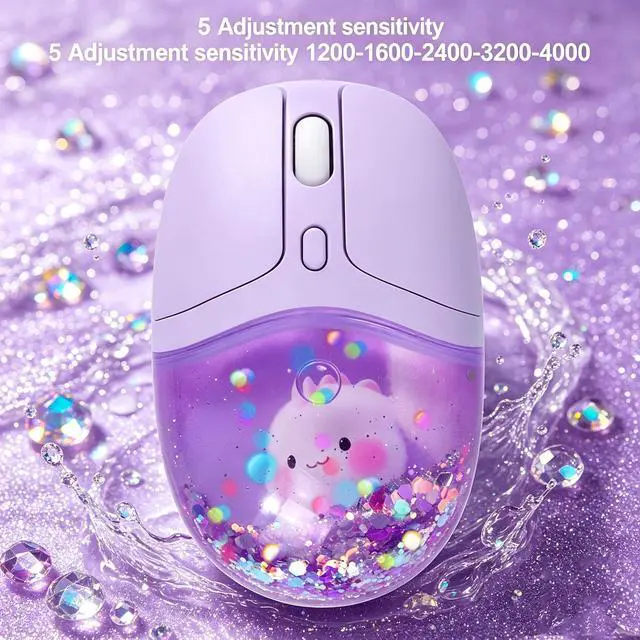 Alt view image 3 of 5 - Wireless Bluetooth Mouse-2.4G USB Dual Mode Cute Clear Aqua Glitter Liquid Sand Water Mice, 4000D-PI Portable Retro Cordless Silent Rechargeable LED Breathing Light for Laptop PC iPad Mac Gift