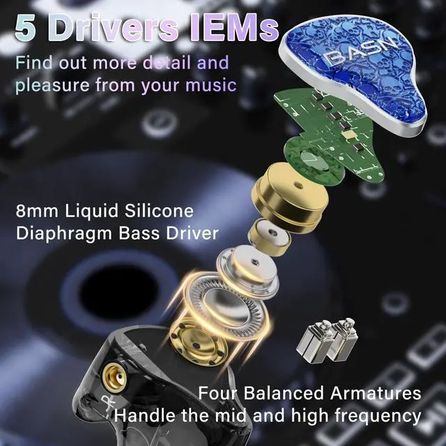 Alt view image 2 of 5 - BASN Bmaster5 in Ear Monitors, 5 Drivers Drummer Headphones with Powerful Bass, Noise Isolation IEM Earbuds with Detachable MMCX Silver-Plated OFC Cable for Musicians (Sapphire Blue, 3.5mm)