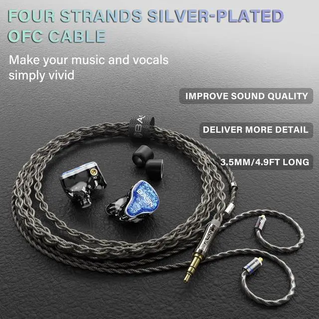 Alt view image 3 of 5 - BASN Bmaster5 in Ear Monitors, 5 Drivers Drummer Headphones with Powerful Bass, Noise Isolation IEM Earbuds with Detachable MMCX Silver-Plated OFC Cable for Musicians (Sapphire Blue, 3.5mm)