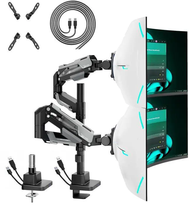 Main image of ARES WING Heavy Duty Gas Spring Dual Monitor Mount, Adjustable Stacked Desk Mount for 2 Ultrawide Screens up to 57 Inch with USB A/C Charging Ports, VESA 75/100/200mm Mount, Black