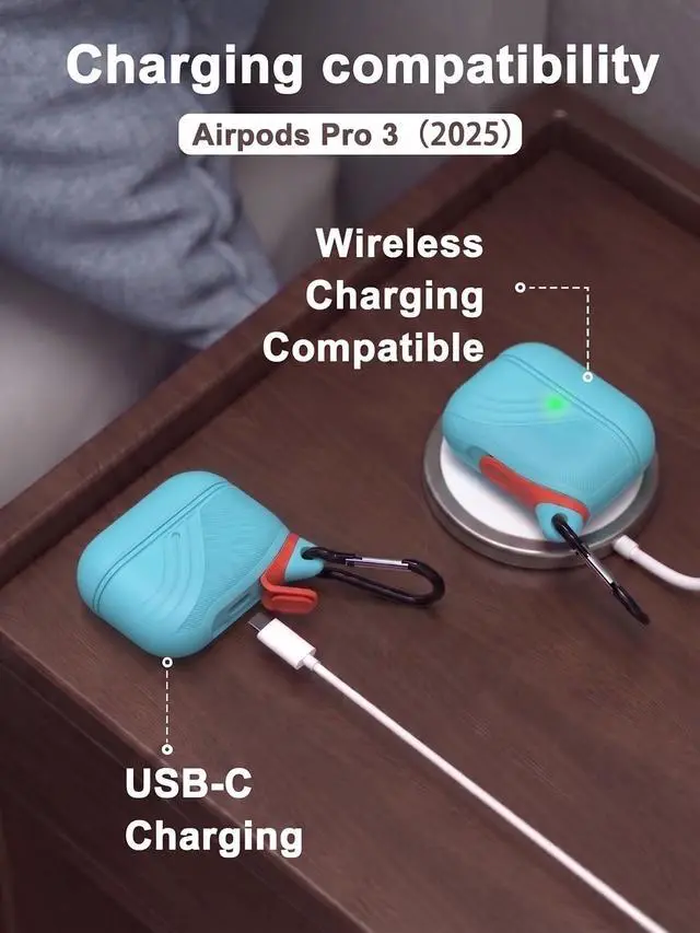 Alt view image 5 of 5 - HALLEAST for AirPods Pro 3 Case, IP67 Waterproof Silicone Cover with Stylish Design & Metal Carabiner - US Patented, Wireless Charging, Front LED Visible (AirPods Pro 3rd Ge